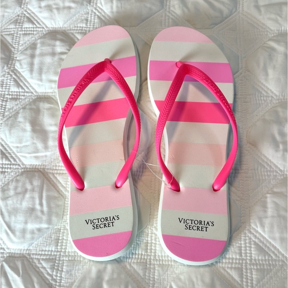 Victoria Secret Flip Flops Sandals Lg 8/9 Striped Pink New - Picture 2 of 10